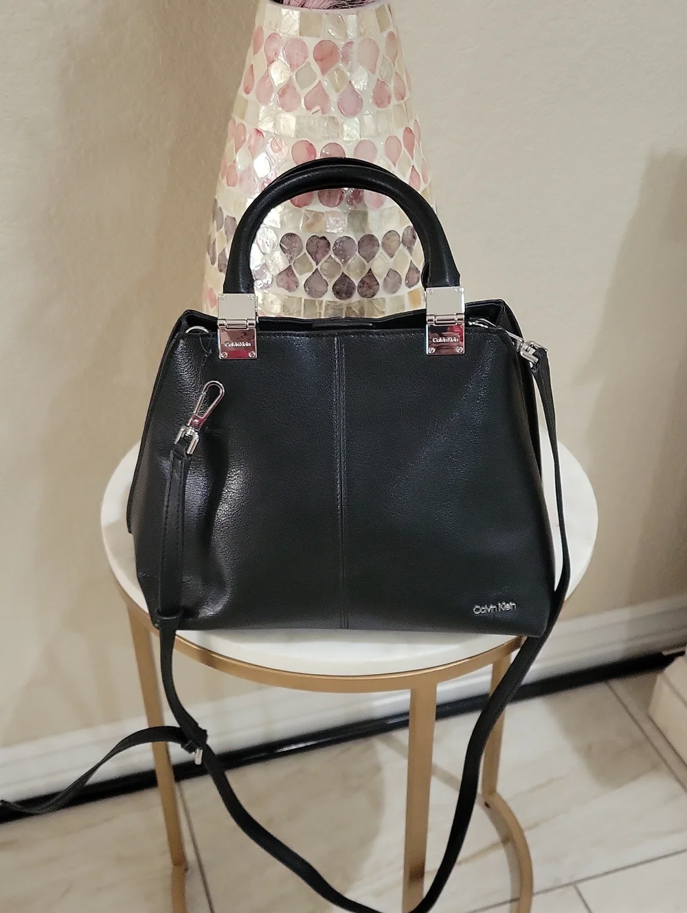 Calvin Klein Black Leather Structured Top-Handle Satchel